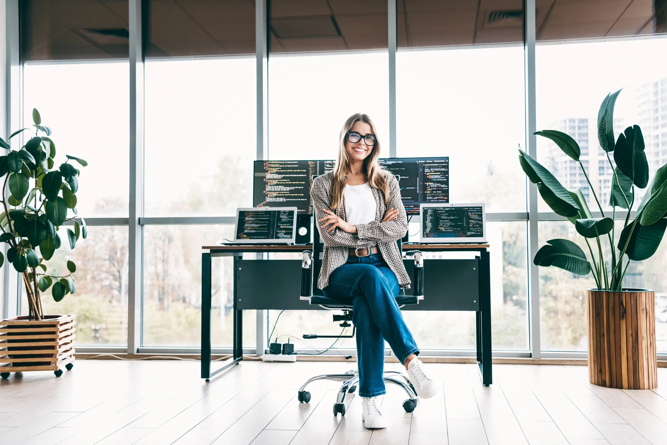 Software developer working at a computer workstation